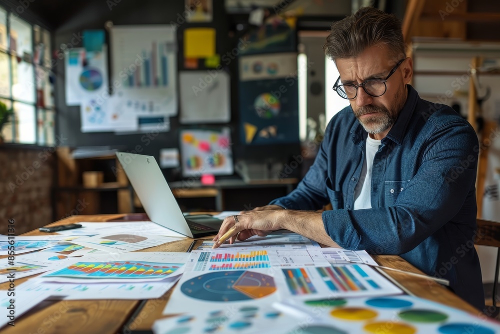 Poster a man focused on his laptop, analyzing graphs and data at a table, a strategic planner analyzing gra