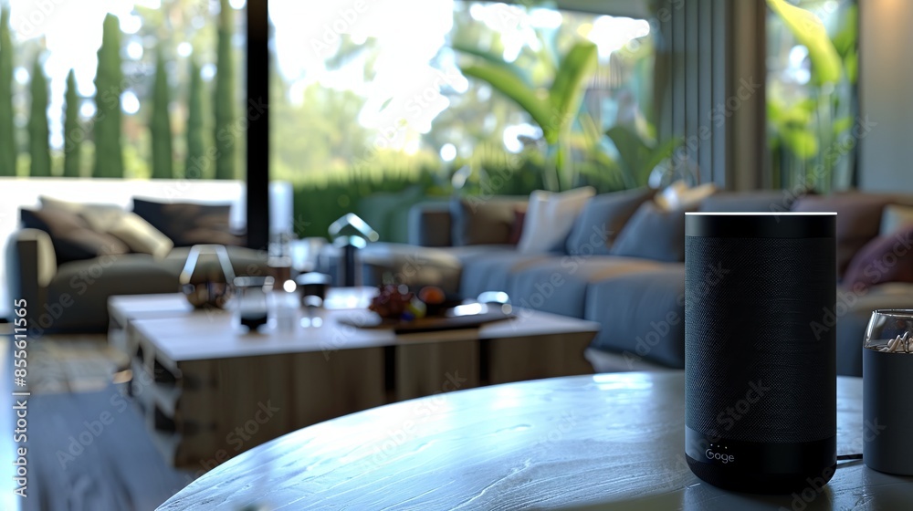 Poster a sleek, black voice assistant device sits on a stylish, modern coffee table in a living room, ready