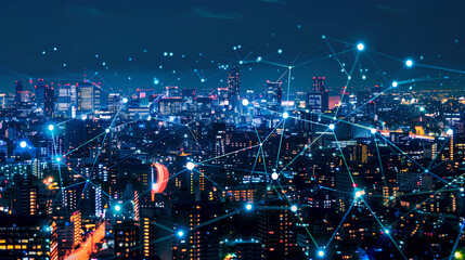Modern city with wireless network connection and city scape concept.Wireless network and Connection technology concept with city background at night