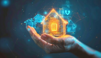 Digital Home Concept with Hand Holding Hologram suitable for business background, posters, wallpapers, banners, greeting cards, and advertising for business entities or brands.