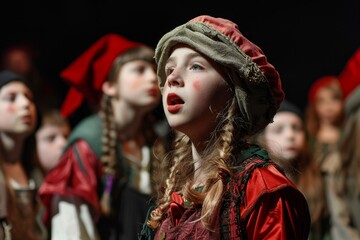 Young children in a group wearing bright red hats, A student performing in a school play, dressed in costume and reciting lines on stage