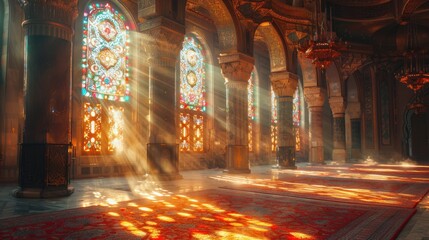 Sunlight Streaming Through Stained Glass Windows in a Mosque