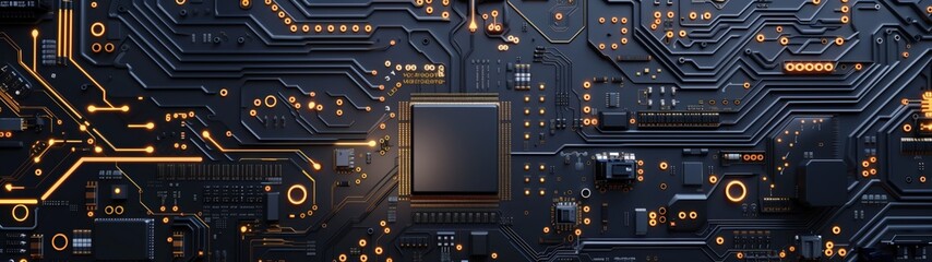 Electronic circuit board detailed close-up, dark black computer motherboard. AI ML technology hardware minimalist concept background banner
