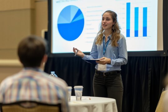 A woman stands before a group, giving a presentation on her research at a conference, A student presenting their research at a conference