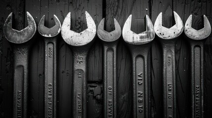 A Row of Wrenches on a Black Wooden Background