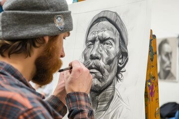 A man focuses on drawing a detailed portrait of another man with a beard, A student sketching a detailed portrait of a classmate during a figure drawing class