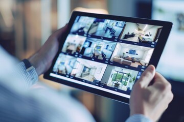 Close-up of person holding a tablet displaying security camera footage of different rooms