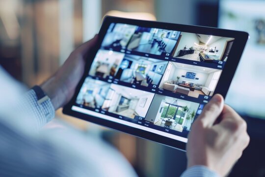 Close-up of person holding a tablet displaying security camera footage of different rooms