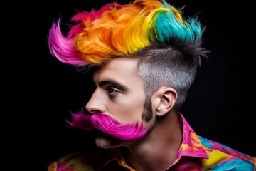 Obraz premium Sexy man with a brightly dyed rainbow beard and mustache on a black background