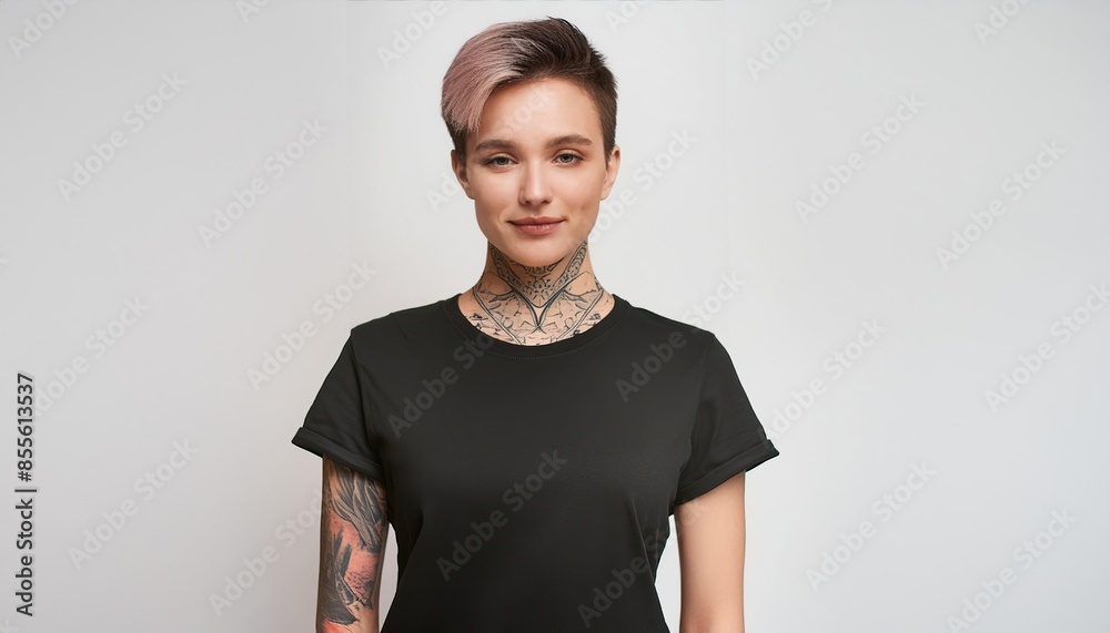 Poster  Confident young woman with tattoos and stylish hair, dressed in a black t-shirt, showcasing contemporary fashion and personal expression 