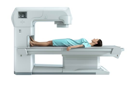 A patient undergoing a medical imaging procedure using advanced MRI scanner technology in a clinical setting.
