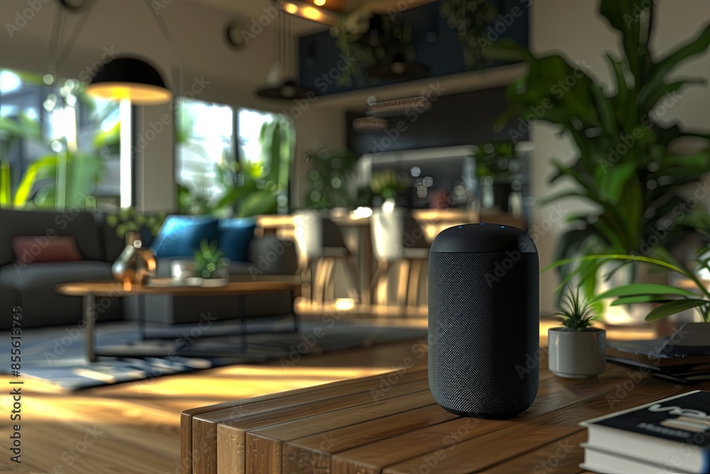 Poster a sleek smart speaker device sits on a wooden table in a modern living room, surrounded by a cozy an
