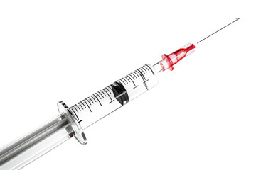 Fototapeta premium Close-up of a medical syringe with a needle isolated on a white background, ideal for healthcare, vaccination, and medical themes.
