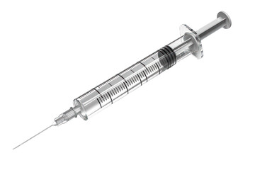 Close-up of a medical syringe with a needle, used for injections or vaccinations on a white background.