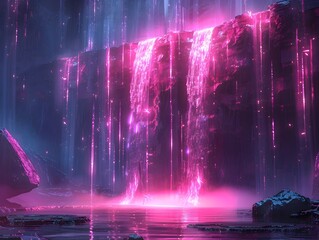 Neon Cyber Waterfall in Enchanting Digital Landscape