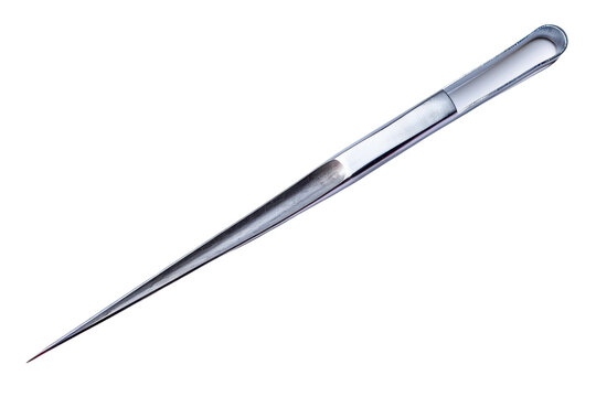 Close-up of a metallic pipette on a white background, commonly used in scientific and medical laboratories for precise liquid measurements.