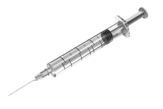 Close-up of a medical syringe with a needle, used for injections or vaccinations on a white background.