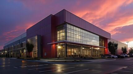 Modern gray industrial warehouse distribution building and parking