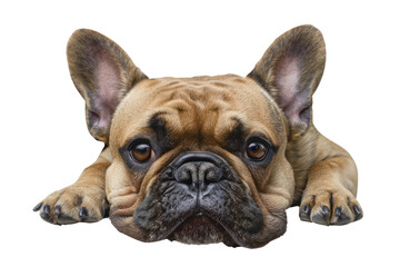 Obraz premium Cute brown French Bulldog lying down with a bored expression, isolated on white background. Perfect for pet and animal lovers.