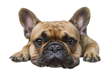 Cute brown French Bulldog lying down with a bored expression, isolated on white background. Perfect for pet and animal lovers.