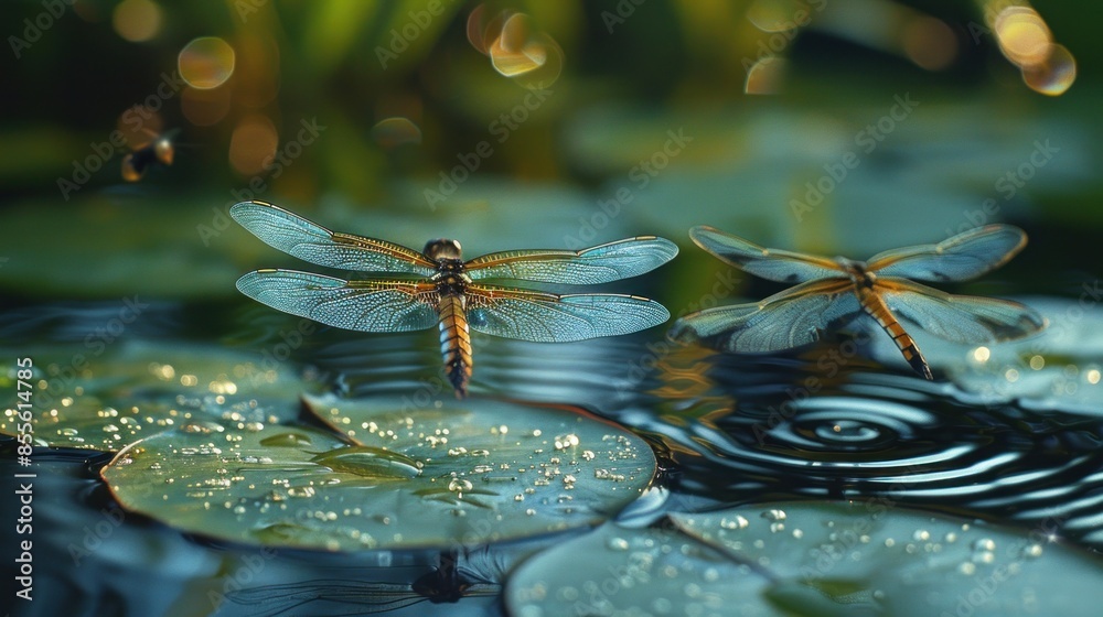 Poster dragonflies hovering over a lily pad