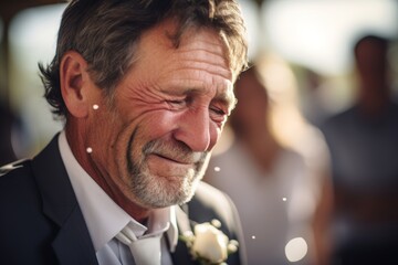 Sad father in his 50s, eyes filled with tears of joy at his child's wedding in the blurred background
