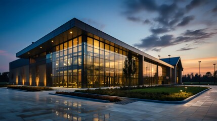 Modern gray industrial warehouse distribution building and parking