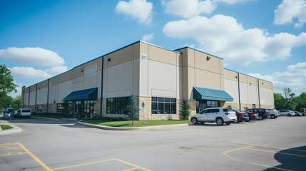 Fototapeta premium Modern gray industrial warehouse distribution building and parking