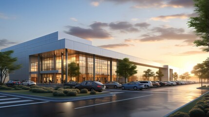 Modern gray industrial warehouse distribution building and parking