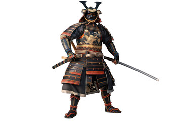 Fototapeta premium Traditional Japanese samurai in full armor holding a katana sword, representing historical warrior culture and martial arts.