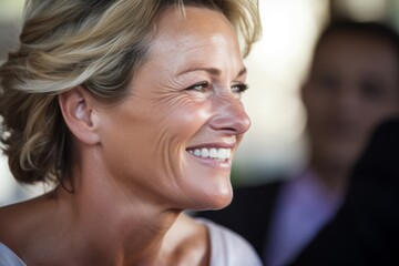 Fototapeta premium Mother in her 50s, smiling through her tears at her child's wedding in the blurred background