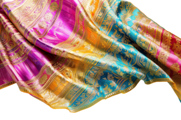 Vibrant traditional fabric with intricate patterns in pink, blue, and yellow, showcasing elegant craftsmanship and cultural heritage.