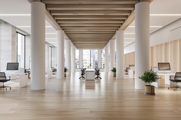 A large open space office with desks and chairs