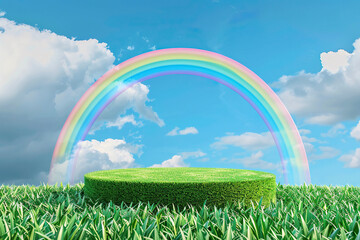 Naklejka premium Green grass 3d podium and rainbow on blue sky background.