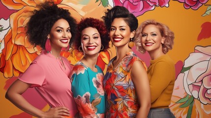 Joyful Women with Bold Pop Art Background. Four joyful women standing against a bold, floral pop...