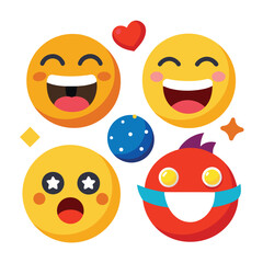 Five colorful emojis with different expressions on a white background, showing happiness, surprise, and amusement