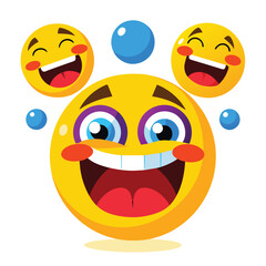Collection of four joyful emojis with open mouths, wide smiles, blush, and blue bubbles. Center emoji has a prominent grin, surrounded by slightly smaller ones