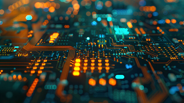 Printed circuit board futuristic server/Circuit board futuristic server code processing. Orange, green, blue technology background