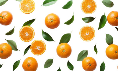 3 oranges with leaves on a white background, cut in half, a whole orange next to it, in the style of hyper realistic photography