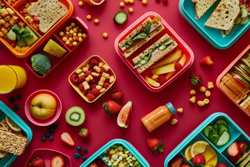 Vibrant and colorful lunch boxes filled with delicious school food, including sandwiches, fruits, vegetables, and trail mix, drinks on a red background, in a flat lay, top view, with high resolution p