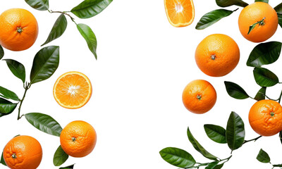 3 oranges with leaves on a white background, cut in half, a whole orange next to it, in the style of hyper realistic photography