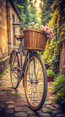 Fototapeta premium old bicycle with basket in vintage style - retro