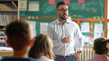 A male teacher in glasses and a white shirt interacts with students in a lively classroom, fostering an engaging learning environment.
