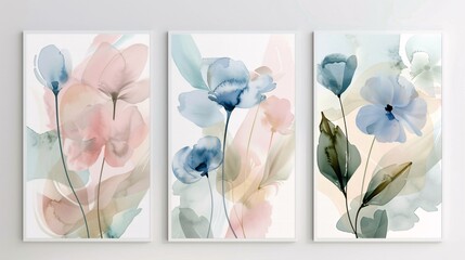 Three minimalistic abstract art posters with watercolor flower designs, arranged horizontally on a white wall. The posters showcase subtle, flowing floral patterns in muted tones of pink, blue, and