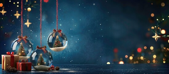 Christmas background with crystal balls christmas trees hanging inside them. A Christmas- theme with christmas stars and gift box on dark blue background.  Christmas web banner design or greeting card