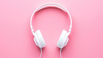 Headphones that are white set against a pink backdrop