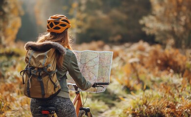 Young international eco-tourist traveling by bicycle looking at map in world-famous tourist attractions .