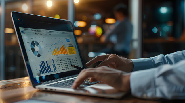 Sales performance management concept. Businessman use laptop to analyze data and sales performance. Strategic Decision Making for Operations Management, increase sales and business growth