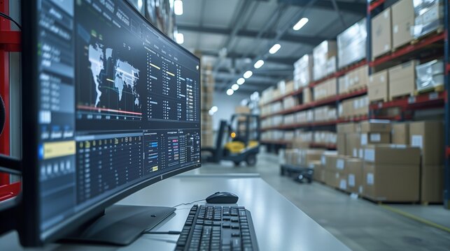 Data Analytics on Logistics Software. Curved monitor displaying logistics software analytics, situated in a warehouse with boxes and a forklift in the background.