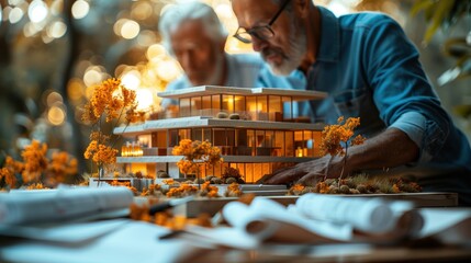 Architects Discussing Modern Building Model. Architects discussing a detailed scale model of a modern building in a well-lit studio, showcasing their design and planning.